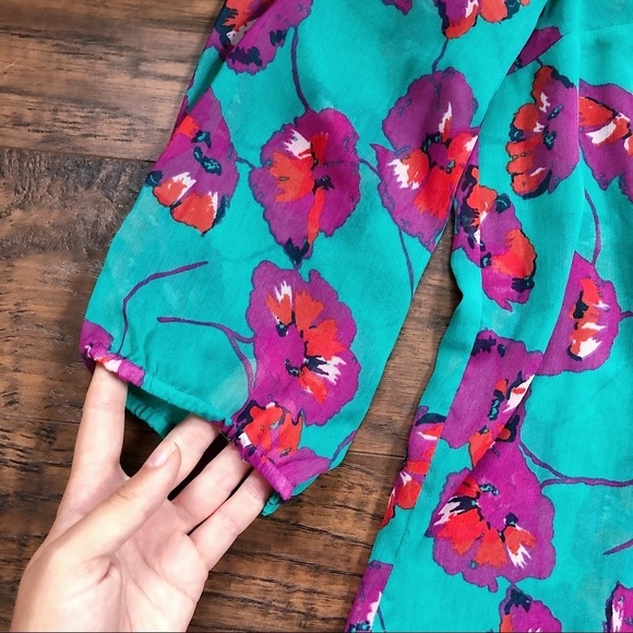 ModCloth • Jade Floral poppy print Peter Pan collar blouse chiffon bow tie neck - Picture 8 of 11